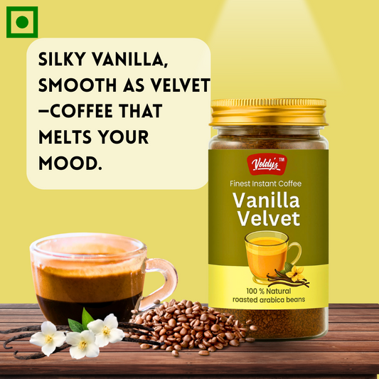 Voldy’s Vanilla Velvet Instant Coffee – Smooth Vanilla Flavored Coffee | 50g Jar | Creamy, Aromatic & Silky Blend