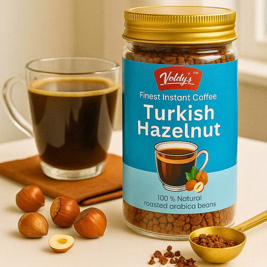Voldy’s Turkish Hazelnut Instant Coffee – Nutty & Aromatic | Premium Flavored Coffee | 50g Jar | Smooth Blend with Hazelnut Essence | 100 % pure coffee | 100 % Arabica Coffee
