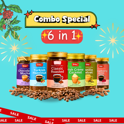 Voldy’s Instant Coffee Combo Pack – 6 Flavours | Premium Agglomerated Coffee | Classic, Hazelnut, Chocolate Mocha, Irish Crème, Vanilla, Raspberry | 6 x 50g Jars