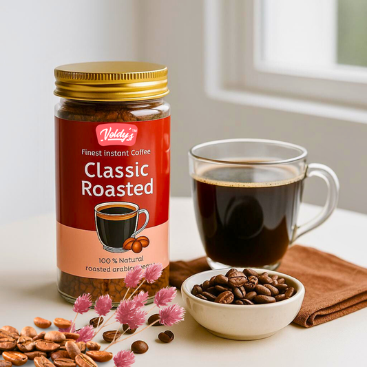 Voldy’s Classic Roasted Instant Coffee – Extra Strong , Rich Aroma | Premium Agglomerated Coffee | 50g Jar | Bold & Smooth | 100 % Arabica Coffee